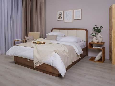 Белая двуспальная кровать Hemwood с подъемным механизмом - Кровать из натурального массива сосны с мягким изголовьем и бельевым ящиком